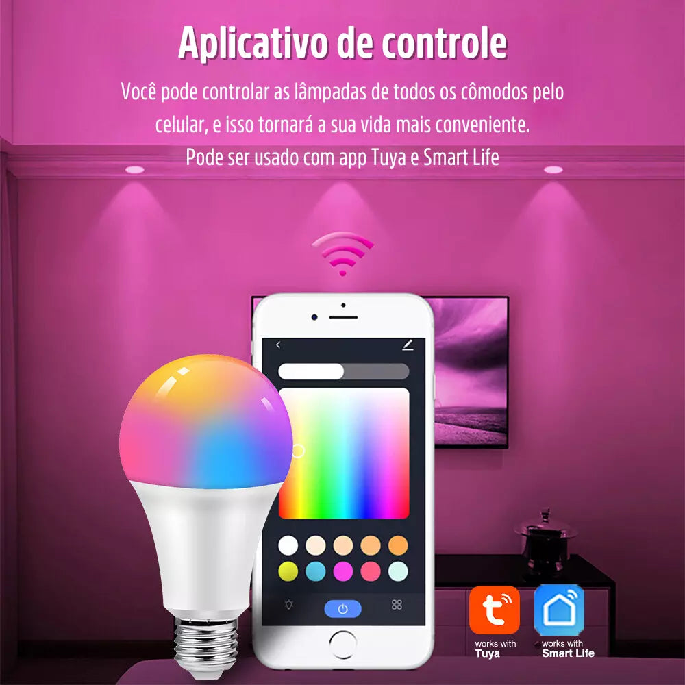 Lâmpada de LED RGB Inteligente E27 WIFI Alexa e Google Assistant