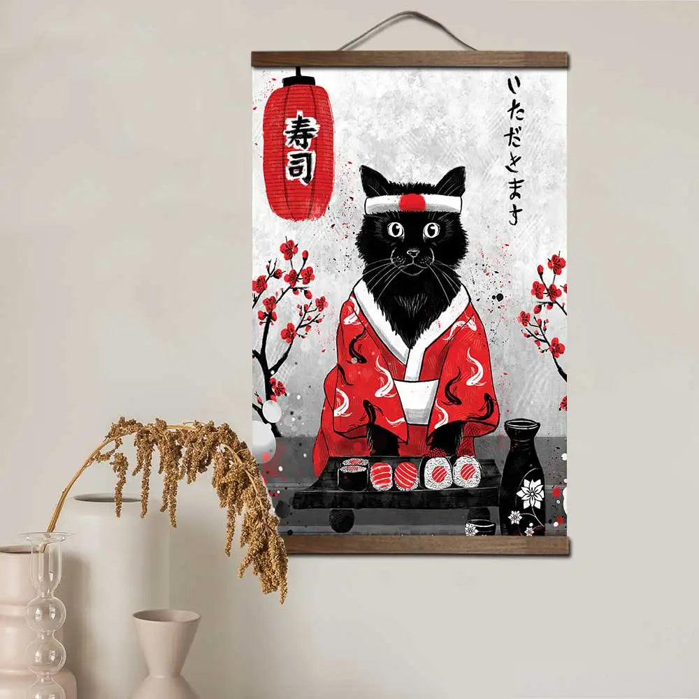 Tela Pôster Estilo Japonês Ukiyo-e Neko