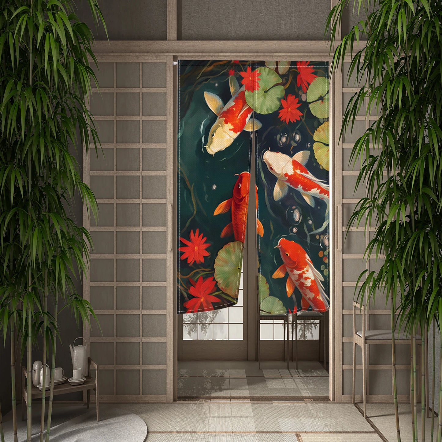 Cortina de Porta Noren Japonesa Carpas