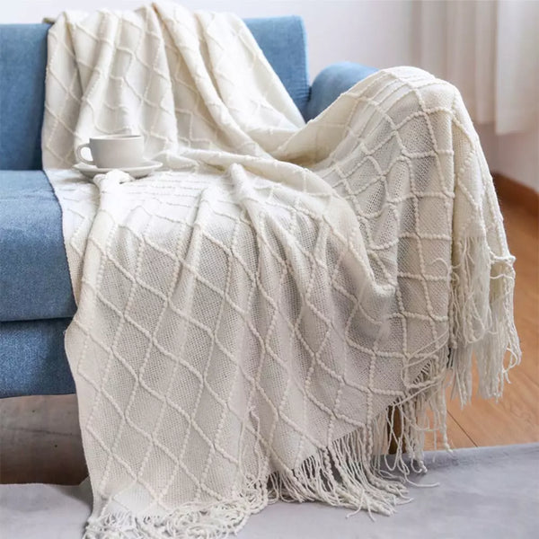 Manta Coberta Decorativa de Tricô Off White